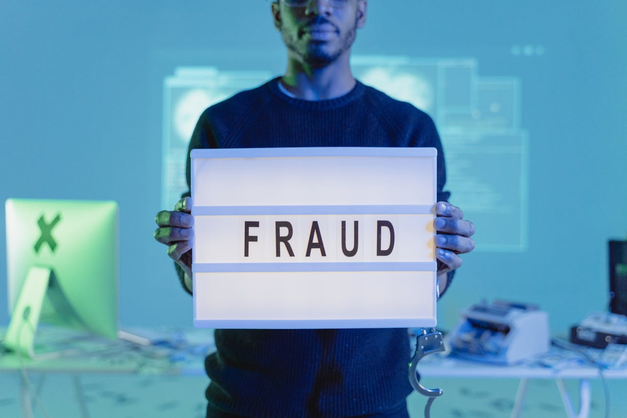 home-services-01 A man holding a sign reading FRAUD in a tech environment, highlighting cybersecurity concerns.