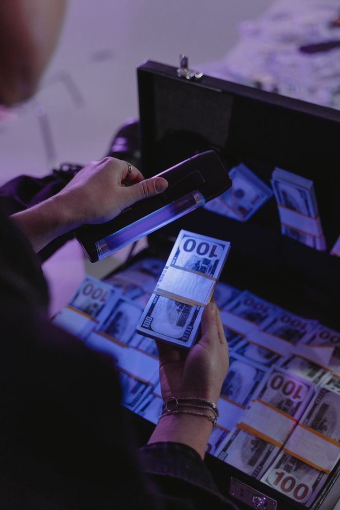 home-services-03 A person examining hundred dollar bills under UV light in a briefcase, ensuring authenticity.
